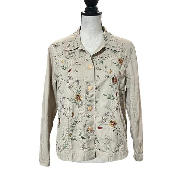 VTG Y2K Tantrums Tan & Multicolored Floral Embroidered Lightweight Jacket L - Picture 3 of 8